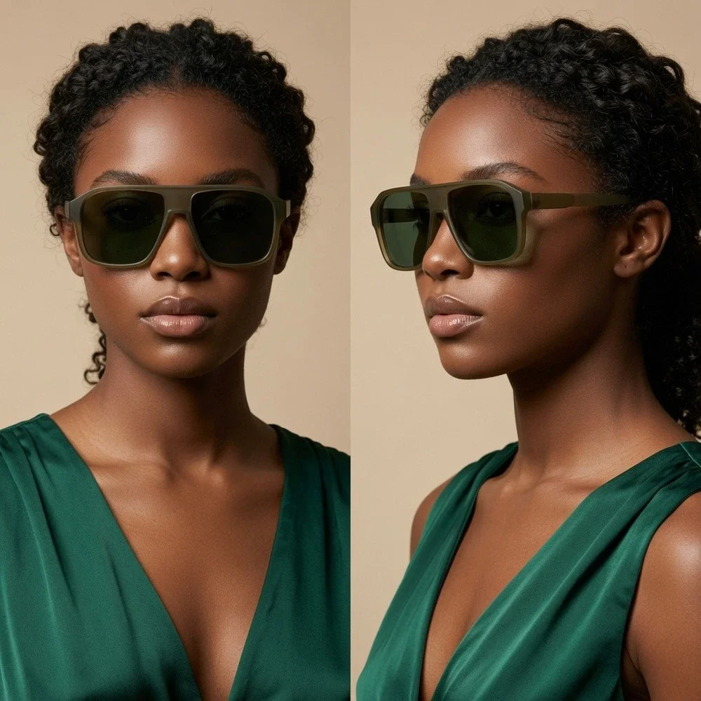 Womens Oversized Retro Sunglasses Matte Olive Green Flat Top Square Frames Gafas